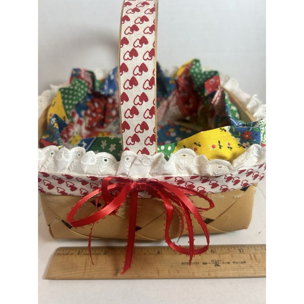 Woven Basket Fabric Cushioned Liner Heart Trim 7.5” Farmhouse Grannycore Decor - Picture 10 of 16